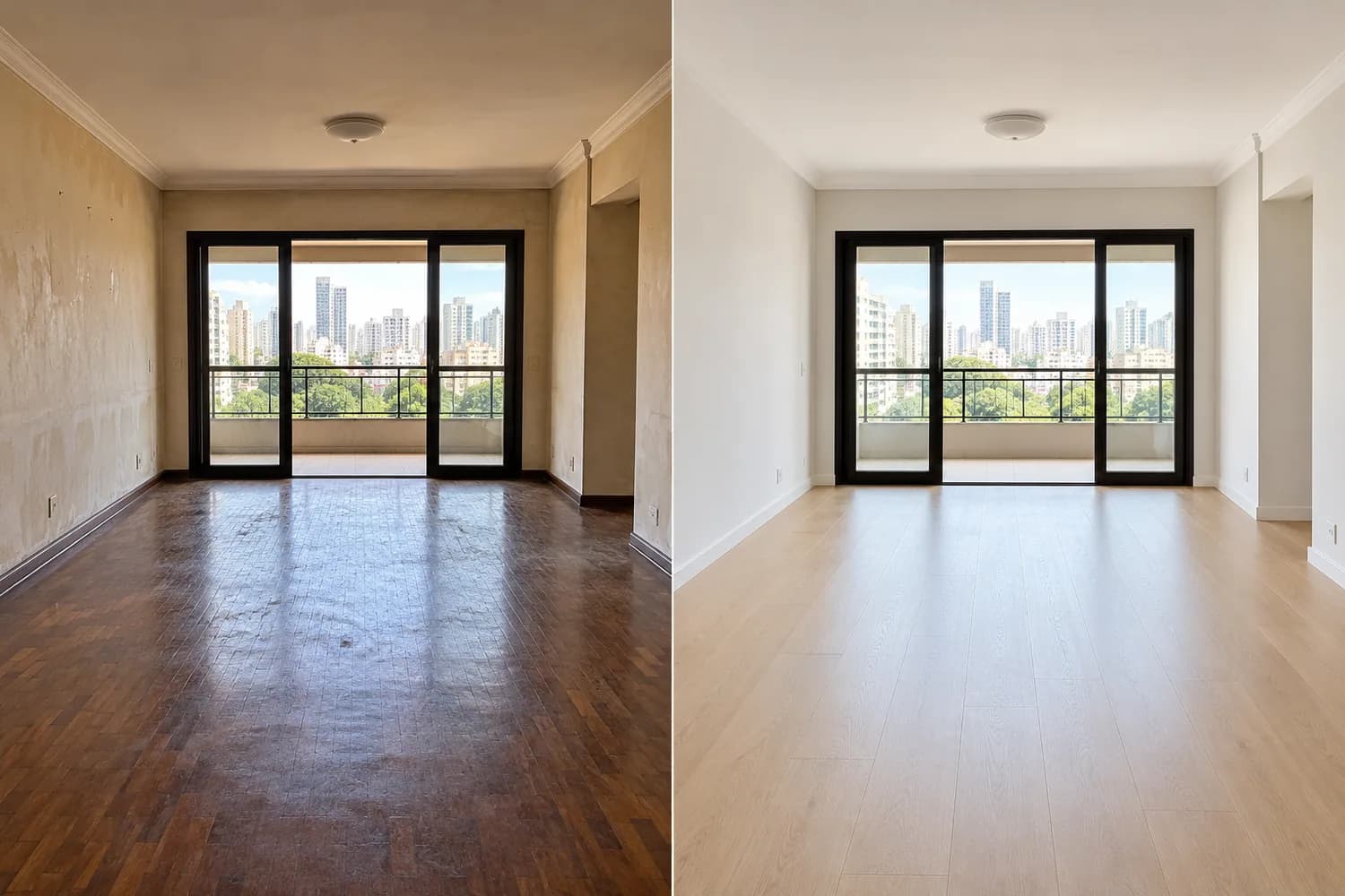 Exemplo fictício de antes e depois de uma reforma residencial conceitual