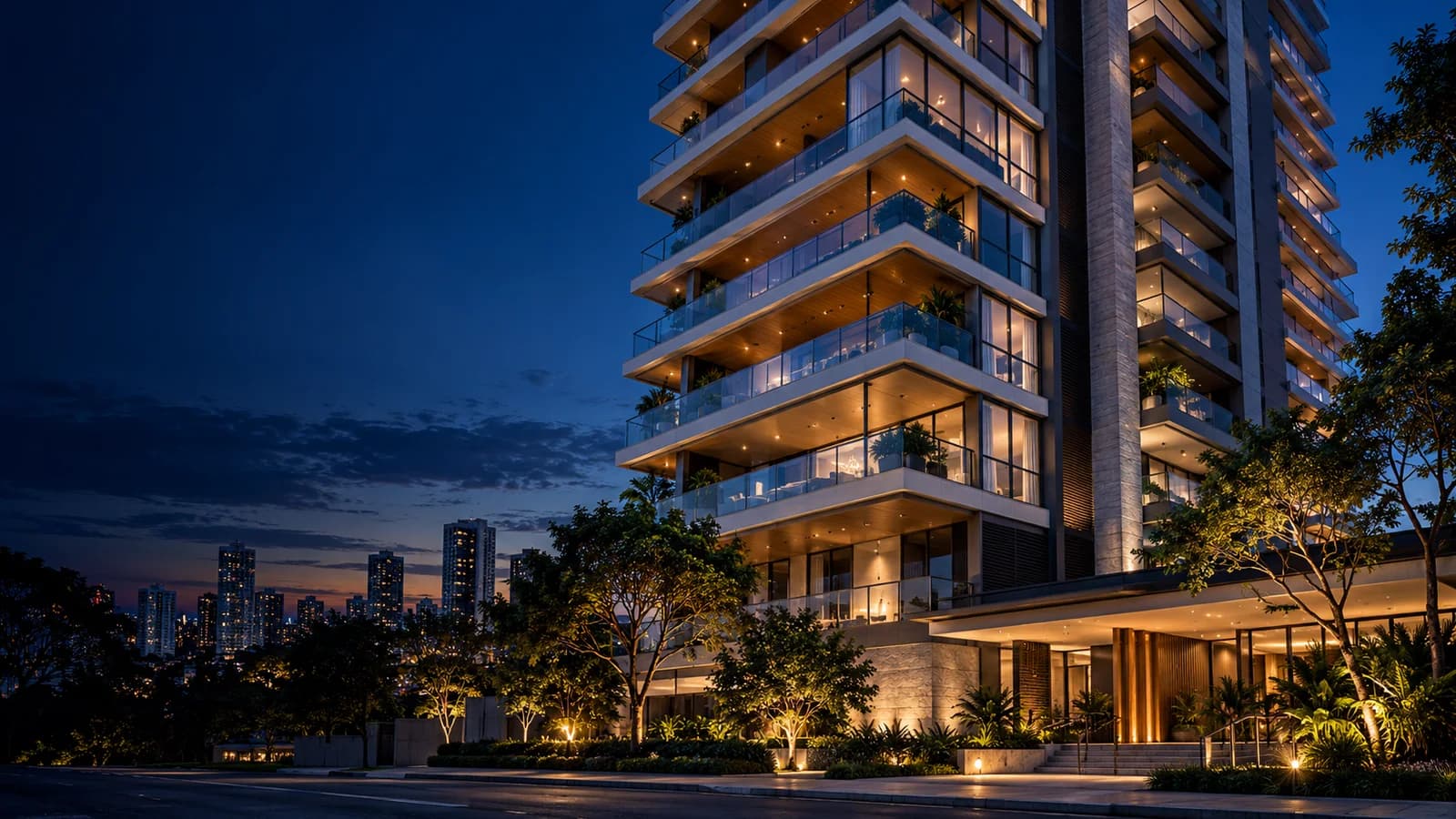 Imagem ilustrativa de um edifício residencial contemporâneo iluminado ao anoitecer