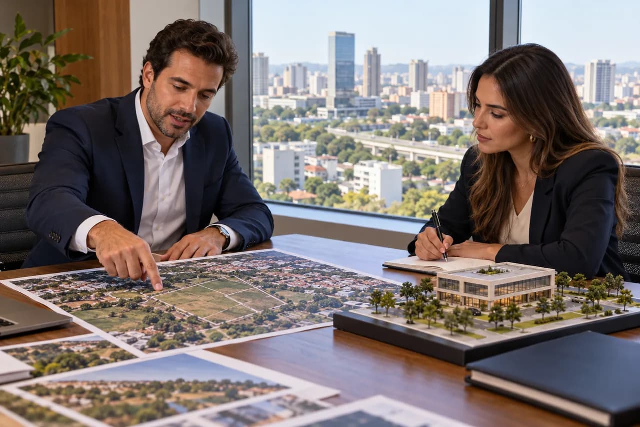 Reunião de negócios sobre uma oportunidade imobiliária com terreno e maquete