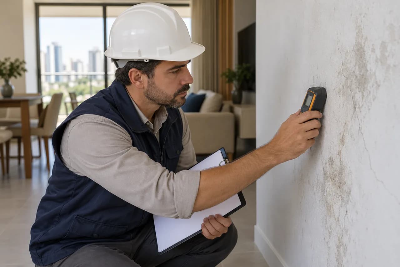 Técnico avaliando a condição de uma parede durante inspeção predial