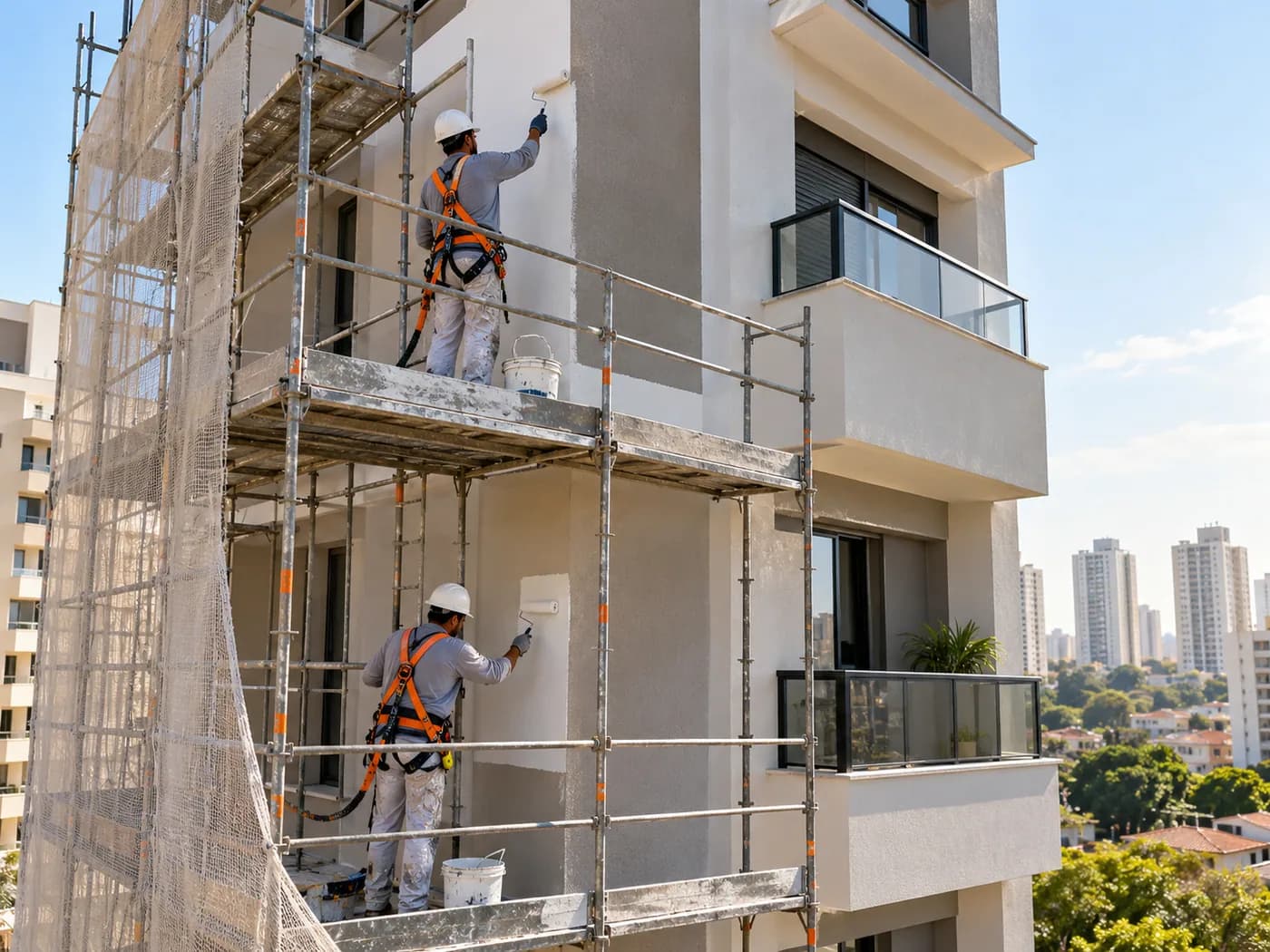 Profissionais realizando pintura na fachada de um edifício