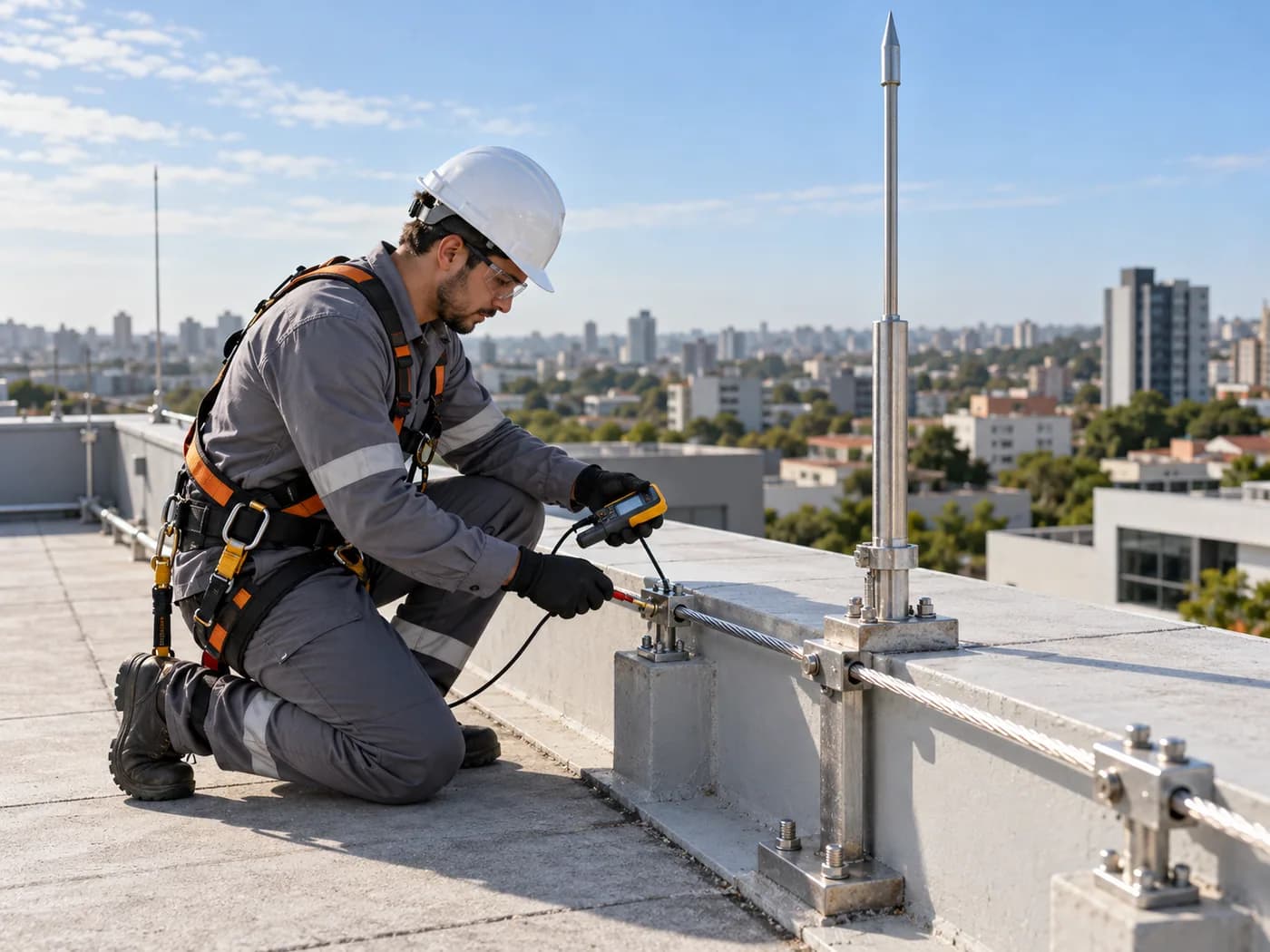 Técnico inspecionando componentes de SPDA no topo de um edifício